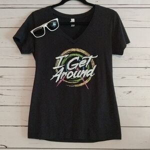 Vtg 80s Style‎ Black V-Neck 'I Get Around' Graphic Novelty T-shirt Women's Large